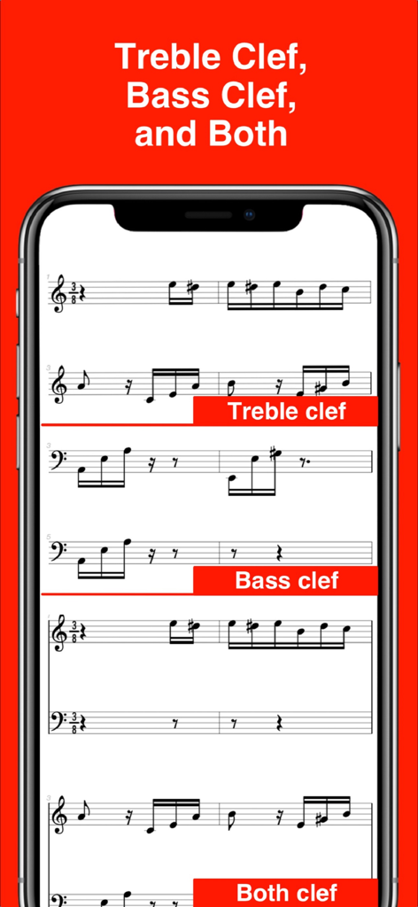 Interface of MIDI Score app showing options for treble clef, bass clef, and both clef views for sheet music notation on a smartphone.
