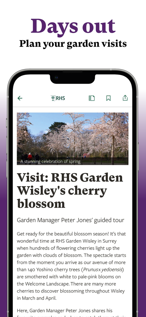RHS The Garden - RHS The Garden mobile app screen displaying a featured article about cherry blossom season at RHS Garden Wisley