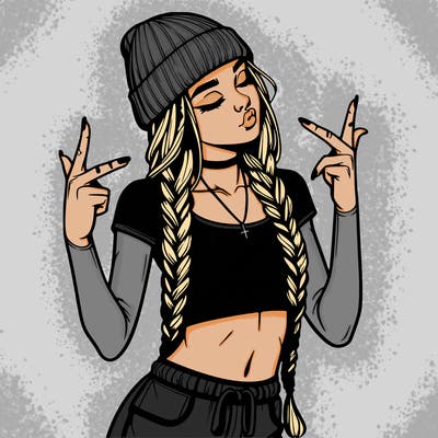 realistic teenage girl with braids and a beanie and crop top doing 🫶🏼