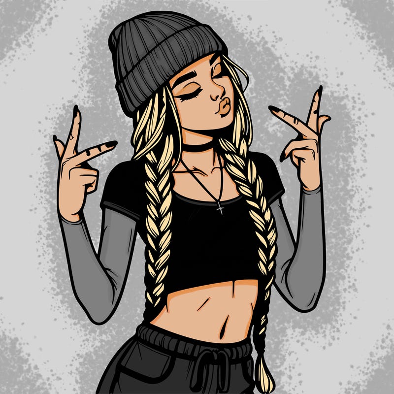 realistic teenage girl with braids and a beanie and crop top doing 🫶🏼
