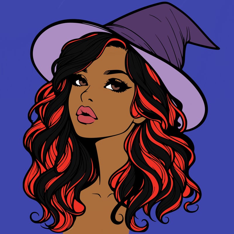 realistic witch girl with wavy hair and lips