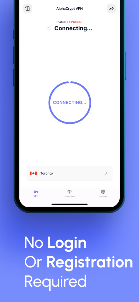 로그인 불필요 메시지가 표시된 연결 상태 화면의 Fast VPN 앱 인터페이스