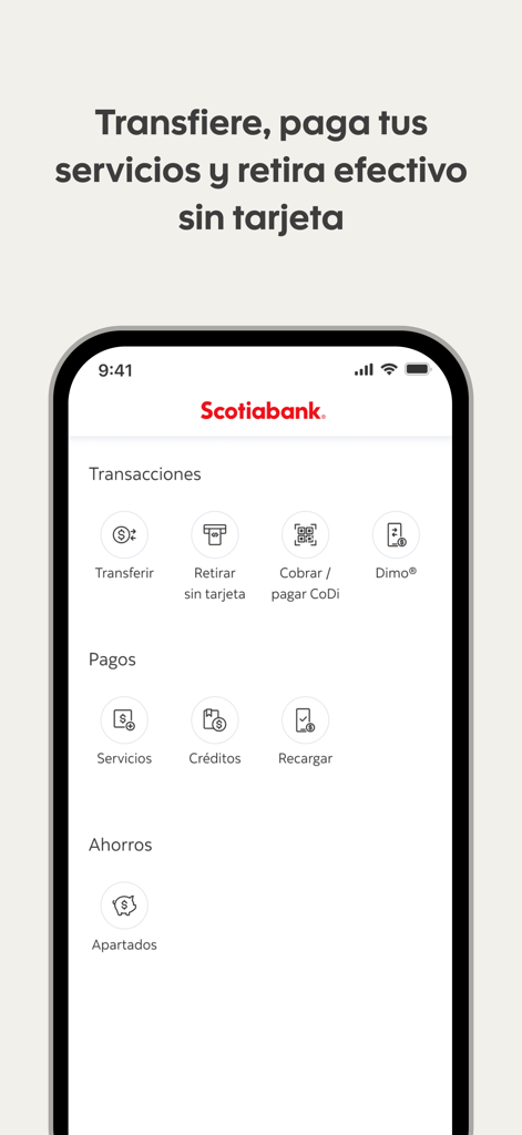 ScotiaMóvil MX - ScotiaMóvil MX mobile app interface showing transaction options for cardless withdrawals and service payments in Spanish.