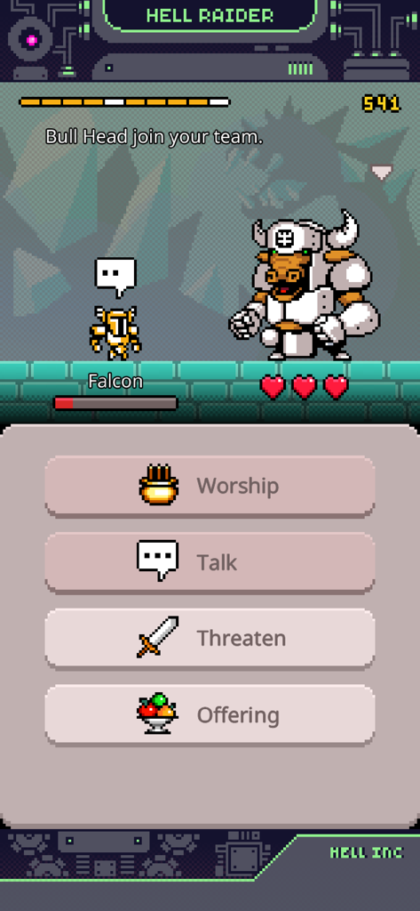 Gameplay in pixel art di Hell Raider che mostra Falcon il cavaliere con Bull Head e un menu di interazione con opzioni di Adorare Parlare Minacciare e Offerta