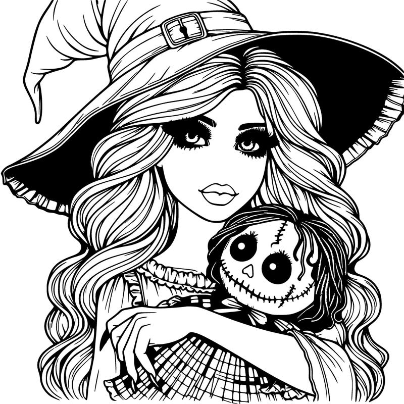 realistic beautiful witch halloween holding spooky doll
