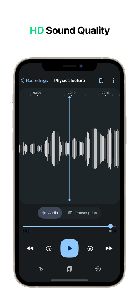 Écran de smartphone montrant l'interface de l'application d'enregistreur vocal avec une forme d'onde audio HD d'un cours de physique.