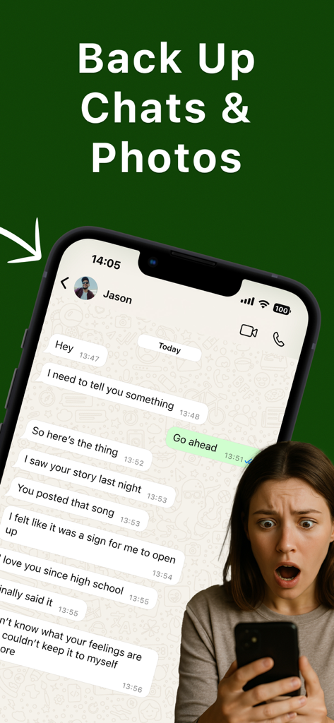A surprised woman looking at backed up chat messages on her smartphone screen.