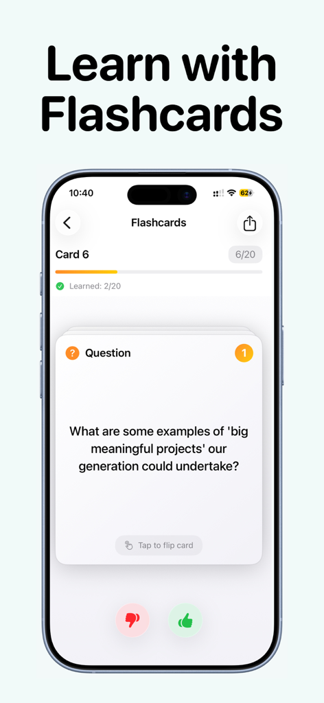 Noota - AI Note Taker - Noota app interface showing an AI generated flashcard with a study question and progress tracking for active recall