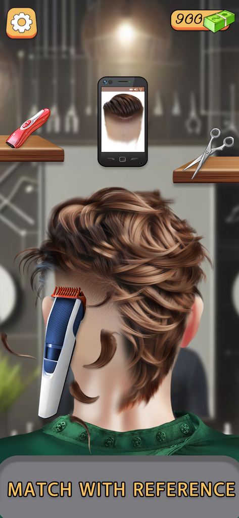 Barber Shop Games Hair Tattoo - Um barbeiro usando uma máquina de corte elétrica para criar um corte degradê em um cliente, enquanto compara com uma foto de referência.