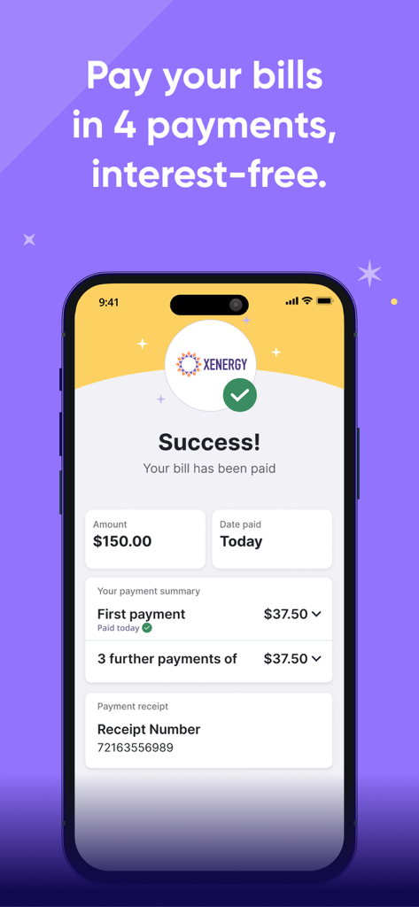 Deferit: Pay bills in 4 - Schermata dello smartphone che mostra l'app Deferit con un pagamento di bolletta riuscito diviso in quattro rate senza interessi