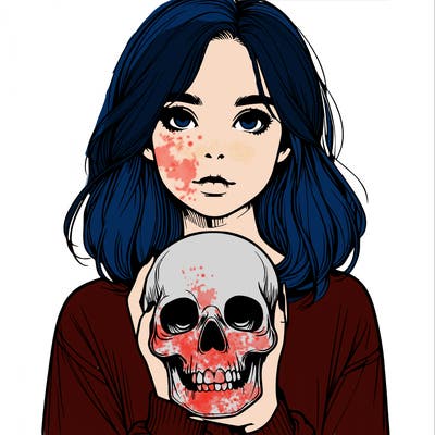 realistic girl holding a skull