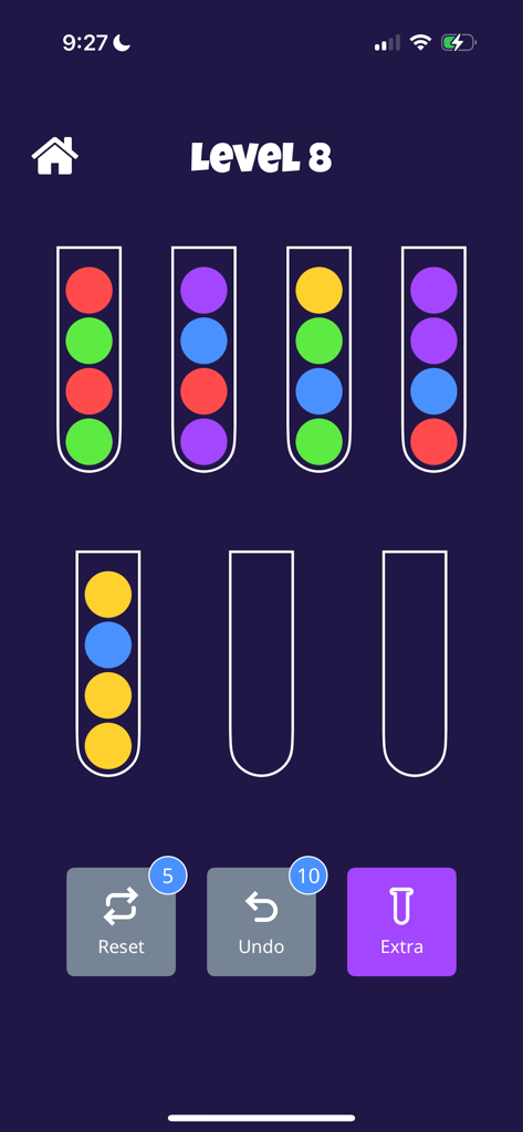 Brain Training: Logic puzzles - A color ball sorting puzzle level in the Brain Training Logic Puzzles app showing multiple test tubes with colored balls
