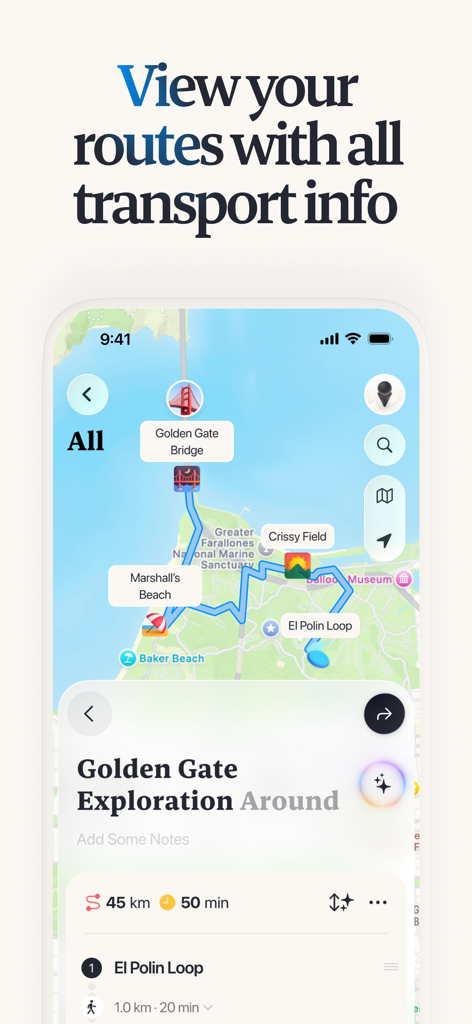 Placify - Map & Trip Planner - Placify app screenshot showing a planned route and travel information on a San Francisco map