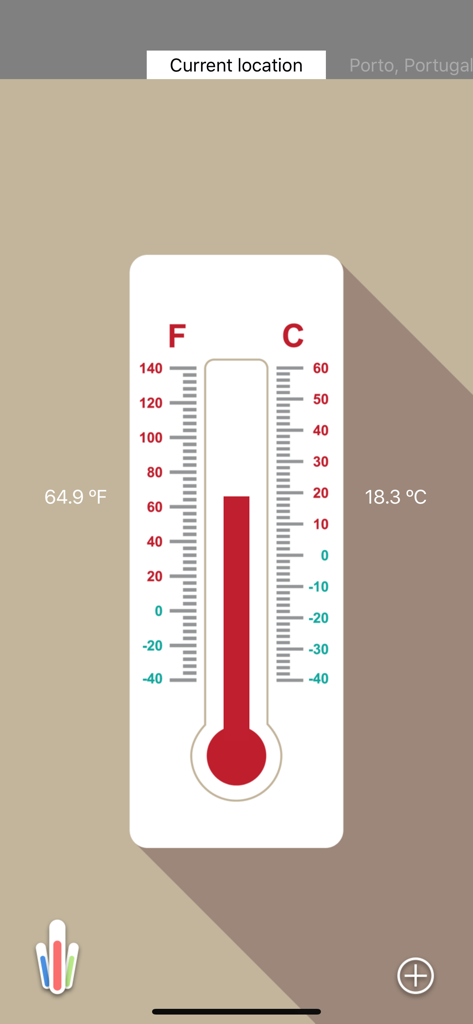 HD Thermometer app interface showing a rustic style vertical thermometer with temperature in Fahrenheit and Celsius