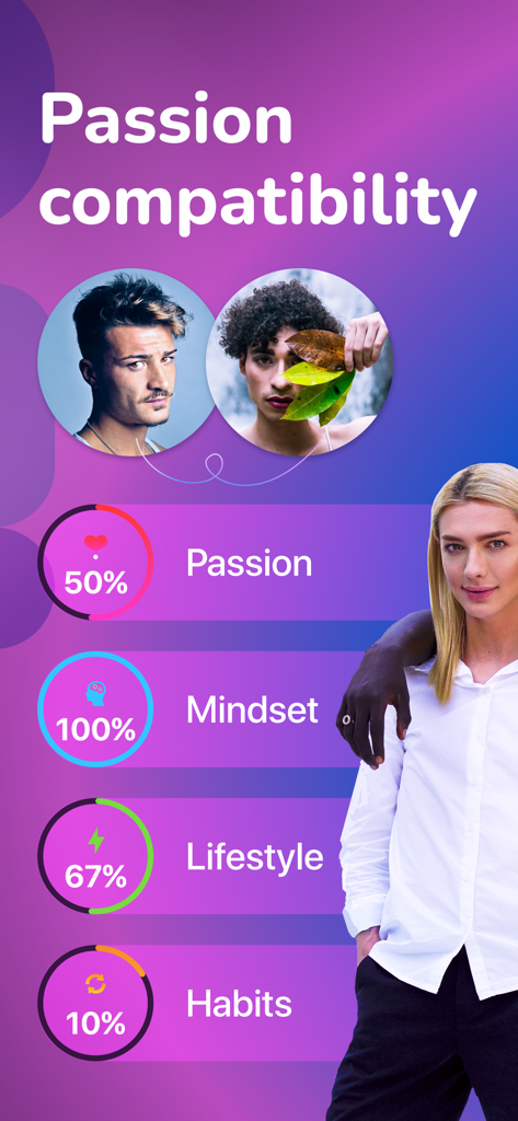 Fiorry: Transgender Dating - Compatibility scores on Fiorry app showing percentages for passion mindset lifestyle and habits