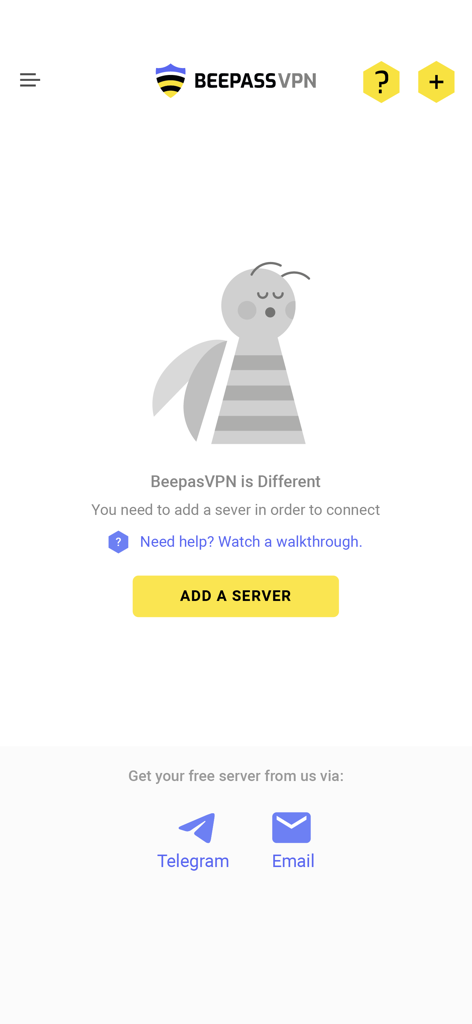 BeePass VPN setup screen with the add a server button and bee mascot