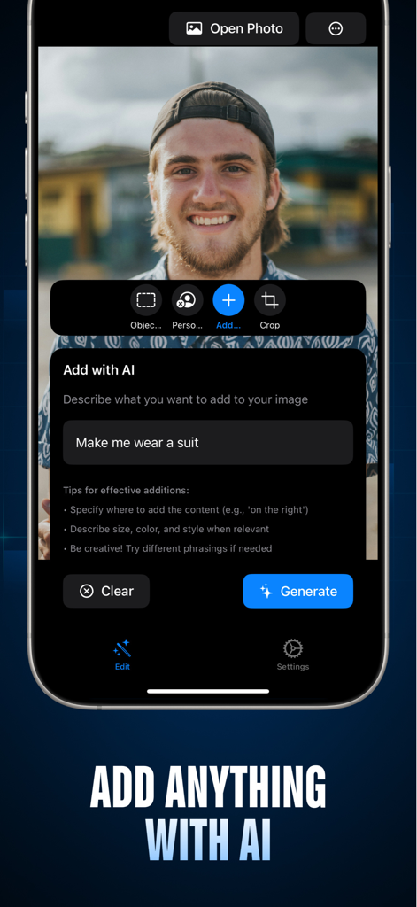 AIPGEN app interface showing the Add with AI tool with a prompt to add a suit to a photo.