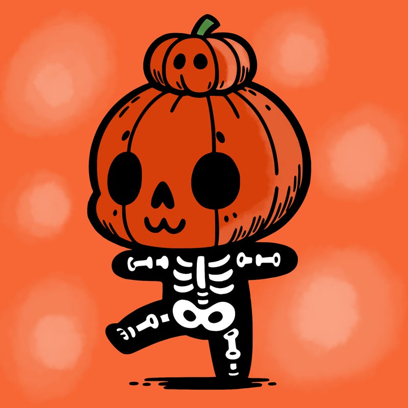cute skeleton with a pumpkin on its head while dancing