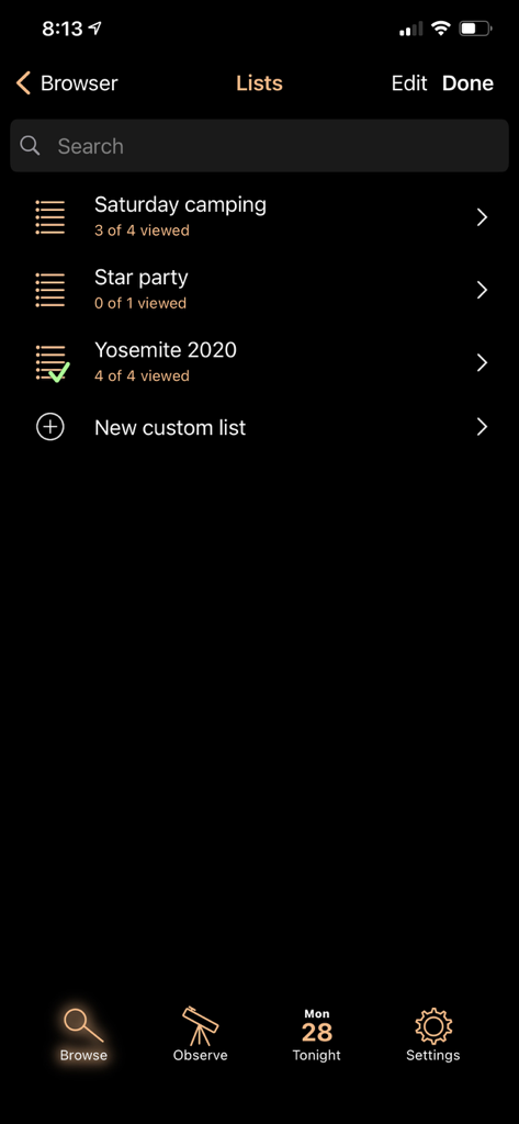 Interface of the Luminos app showing custom stargazing observation lists for astronomical planning