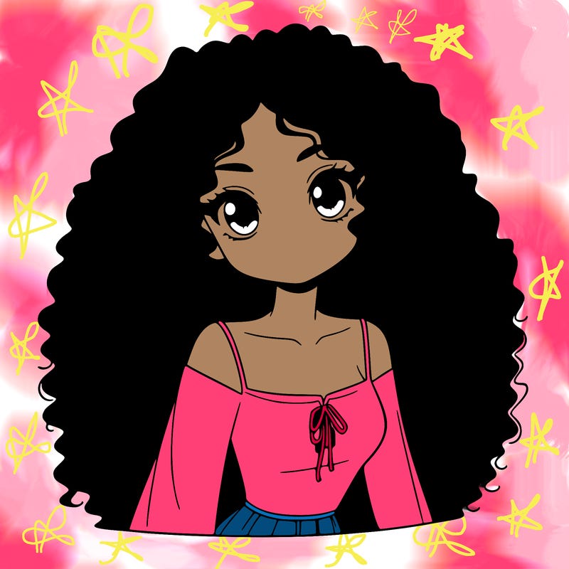 a black anime girl with long afro hair