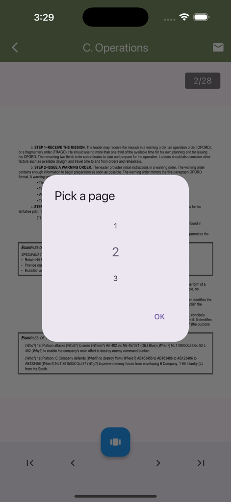 Army Ranger Handbook Trainer - A mobile app screenshot showing a page picker pop-up over the Operations chapter of the Army Ranger Handbook.