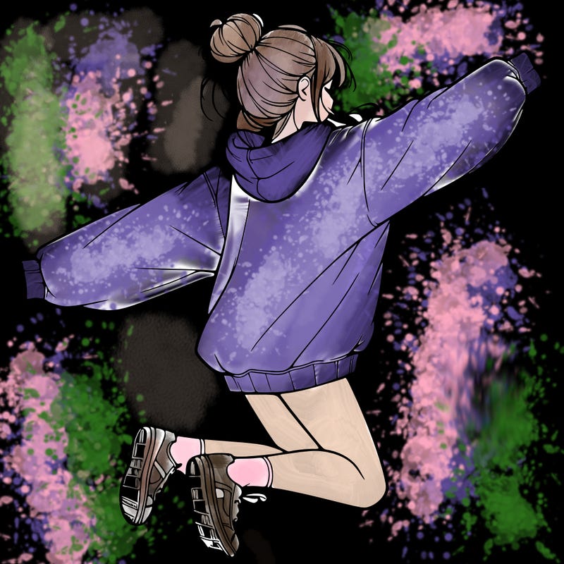 realistic girl jumping with a bun and oversized sweatshirt