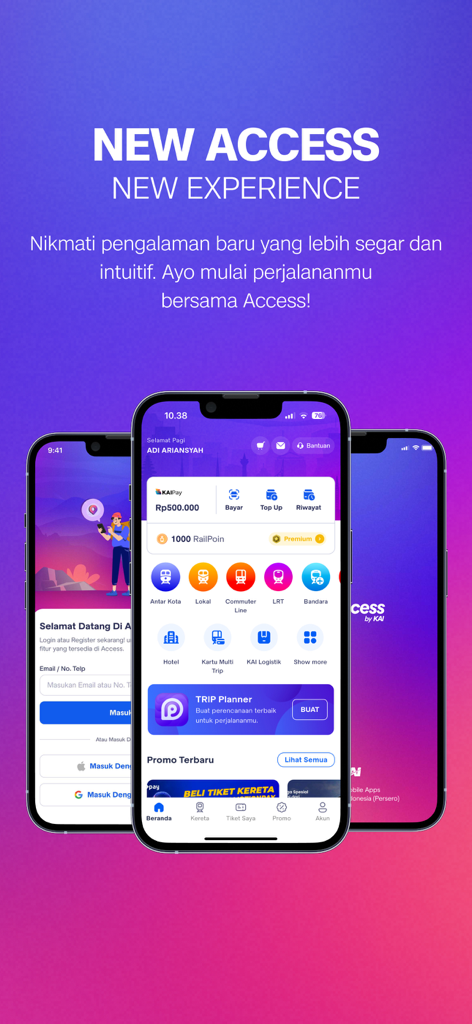 Access by KAI - Tres pantallas de smartphone mostrando la interfaz de la aplicación móvil Access by KAI para la reserva de billetes de tren en Indonesia y la gestión de viajes