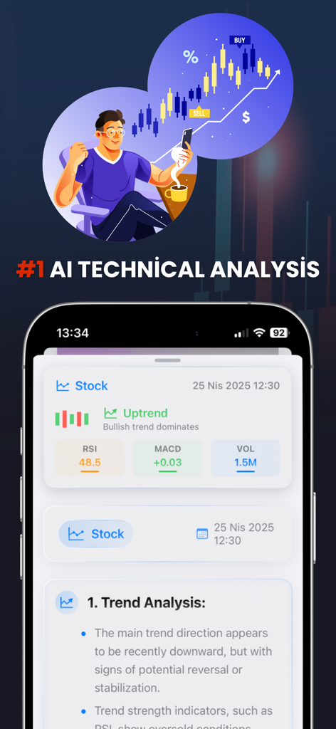 Una pantalla de smartphone que muestra análisis de tendencias de acciones impulsado por IA con indicadores técnicos como RSI y MACD.