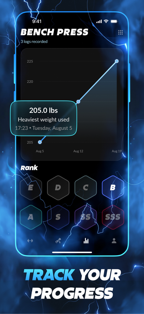 A workout progress chart and RPG rank system in the Arise fitness app
