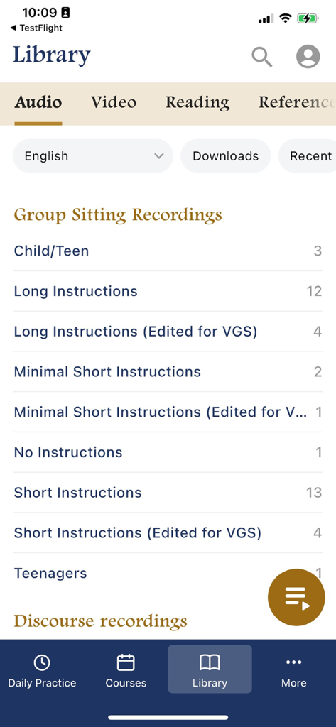 Dhamma.org - Dhamma.org app audio library screen showing various meditation group sitting recordings