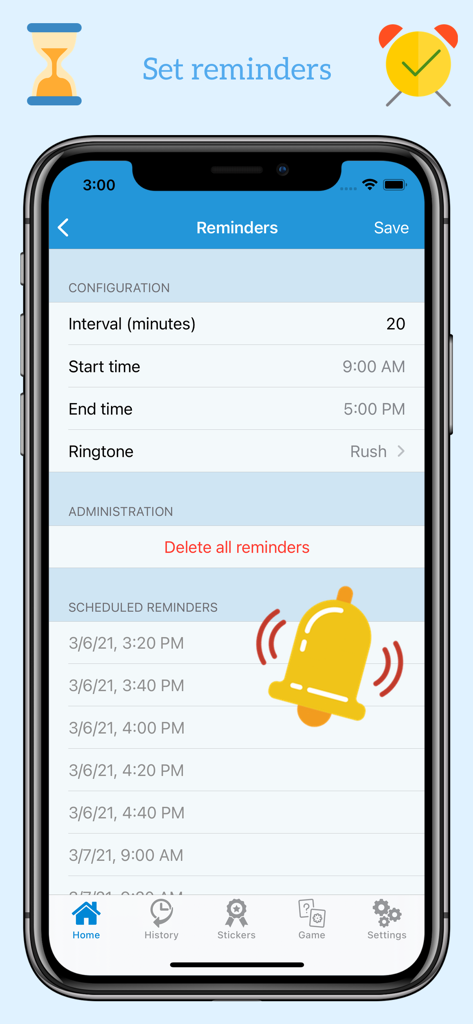 Potty Toilet Training - Benutzeroberfläche der Töpfchentraining-App mit benutzerdefinierten Erinnerungseinstellungen und einer Liste geplanter Benachrichtigungen