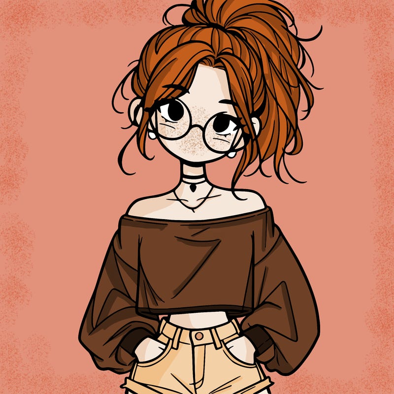 girl with a messy ponytail glasses a baggy crop top and jean shorts