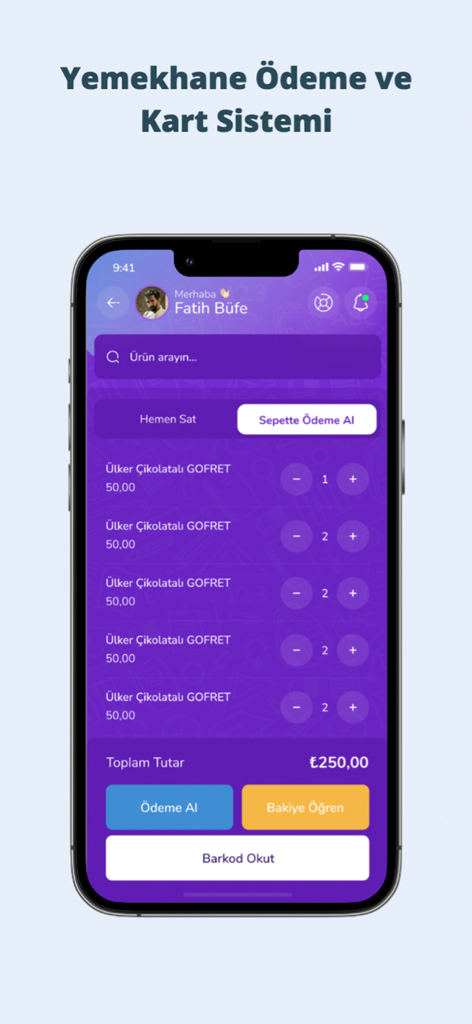 Okulyo - Okulyo mobile app interface for school cafeteria payments and digital canteen management