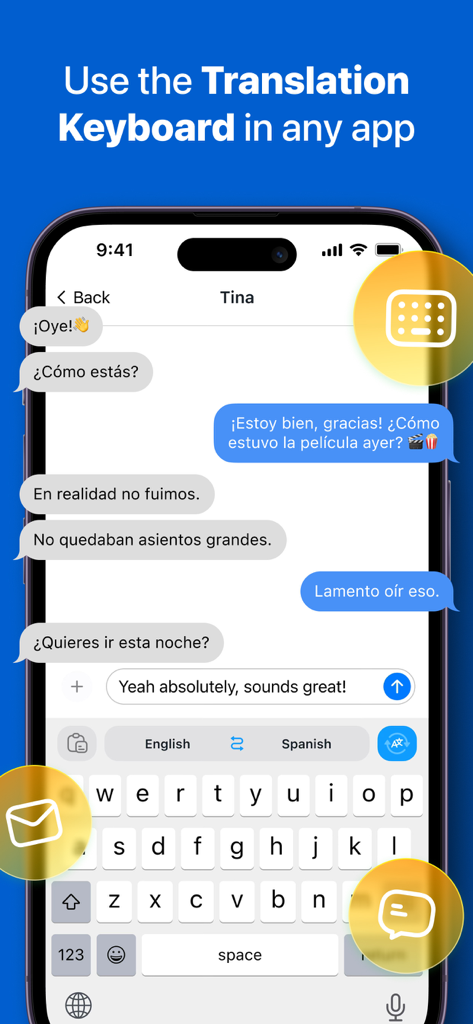 Smartphone screen showing the iTranslate keyboard extension translating English to Spanish within a messaging app