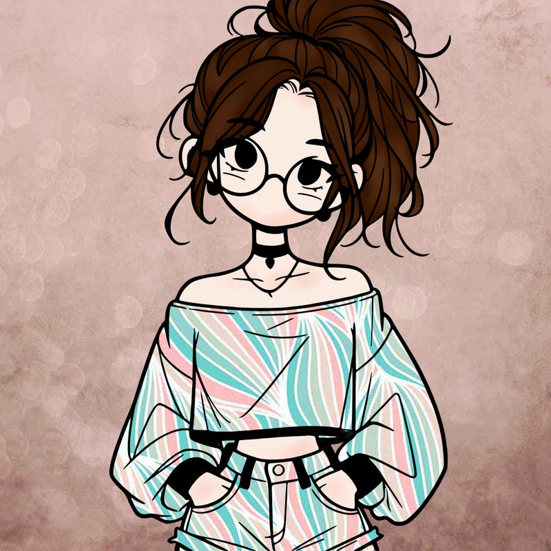 girl with a messy ponytail glasses a baggy crop top and jean shorts