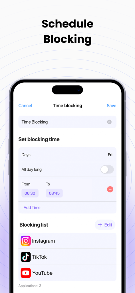 Screen Time Limit: App Blocker - Mobile app interface showing the schedule blocking feature to limit time spent on social media apps like Instagram and TikTok