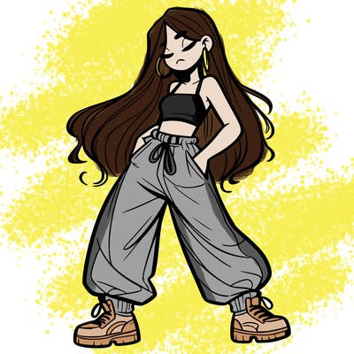 girl in baggy pants crop top and long hair