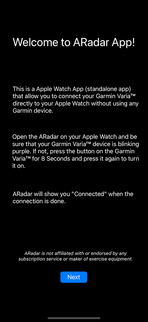 ARadar - Welcome screen of the ARadar app displaying instructions for connecting a Garmin Varia radar directly to an Apple Watch.