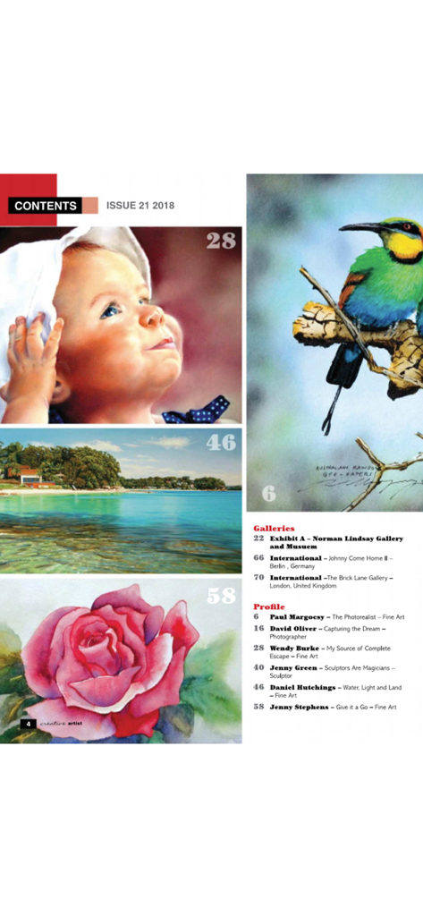 Creative Artist - Table des matières du magazine numérique Creative Artist présentant divers articles sur les beaux-arts et des portraits d'artistes.