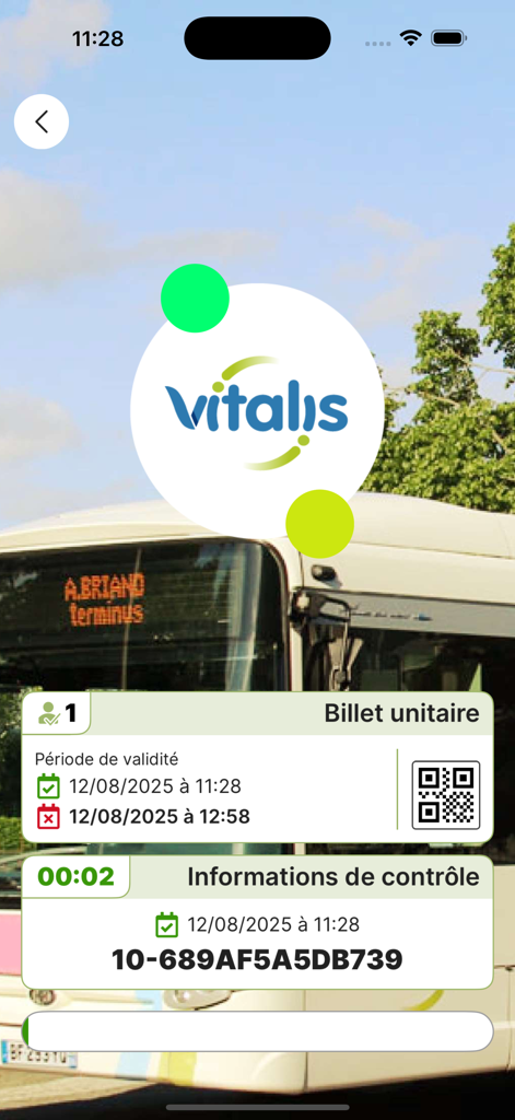 Vitalis - Interface de ticket de bus numérique sur l'application mobile Vitalis avec un code QR et une période de validité