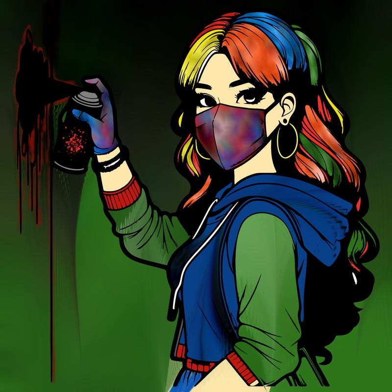 realistic girl with mask spray painting a wall