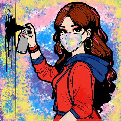 realistic girl with mask spray painting a wall