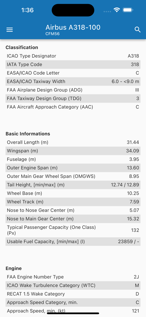 Technical specifications for an Airbus A318-100 shown in the Aircraft-Data app