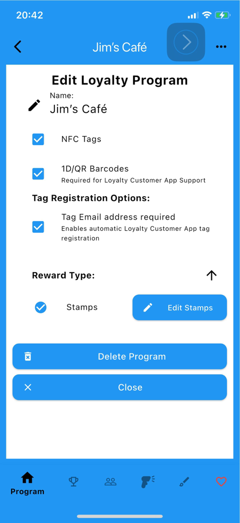 Loyalty Tag - Interface for editing a loyalty program in the Loyalty Tag app with options for NFC tags and QR codes for Jims Cafe