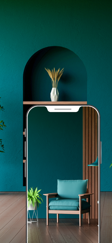 CHIC HOMZ - A modern teal armchair and matching wall decor displayed on a smartphone screen for the CHIC HOMZ furniture shopping app