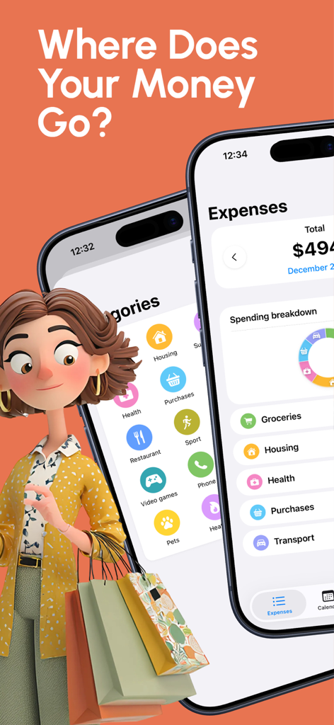 Folyo – Expense Tracker - Uma mulher segurando sacolas de compras ao lado de telas de iPhone exibindo o detalhamento de gastos e categorias do aplicativo Folyo.