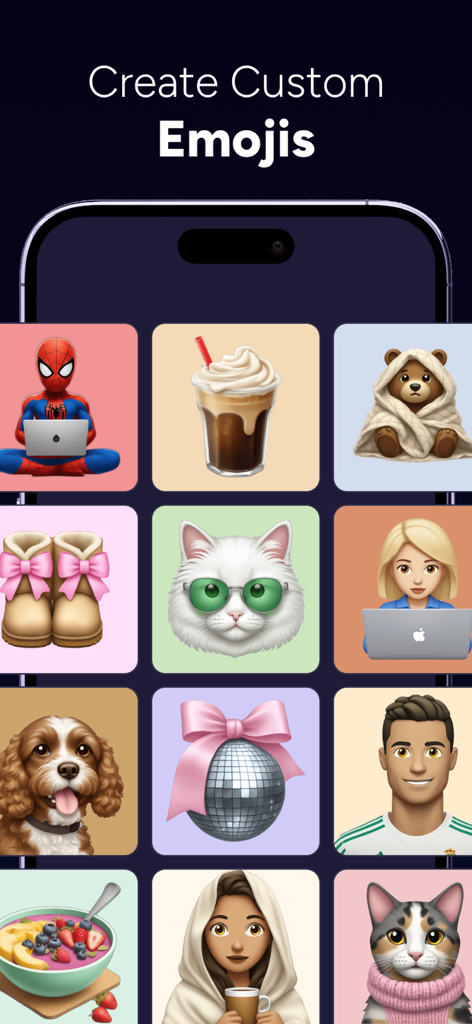 AI Emoji Generator: Logo Maker - A grid of diverse custom AI-generated emojis and avatars showing different artistic styles like a cat with sunglasses and a disco ball with a bow