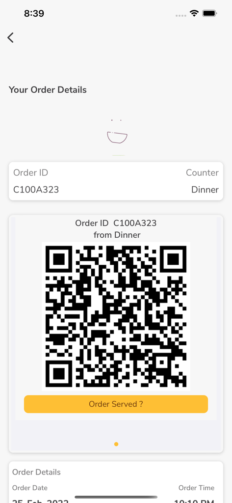 FoodBook - Workplace Food - FoodBook app screen showing order details and a QR code for meal collection