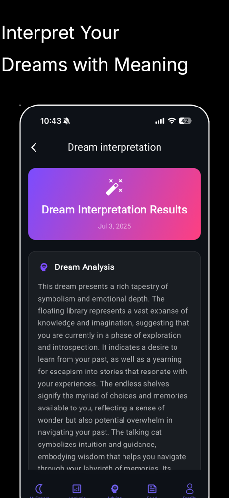 Dream Journal AI - muu - AI dream analysis results showing symbolic interpretation on a mobile screen.