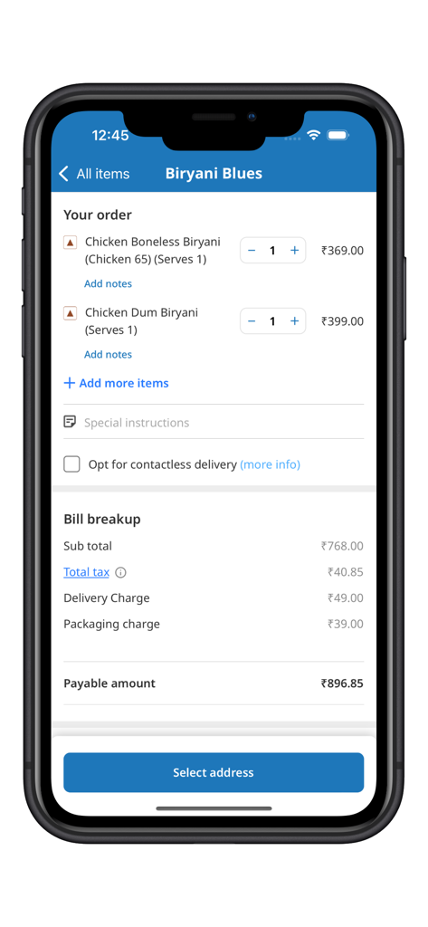 Biryani Blues Order Online - Biryani Blues app order summary screen showing chicken biryani items and bill breakup